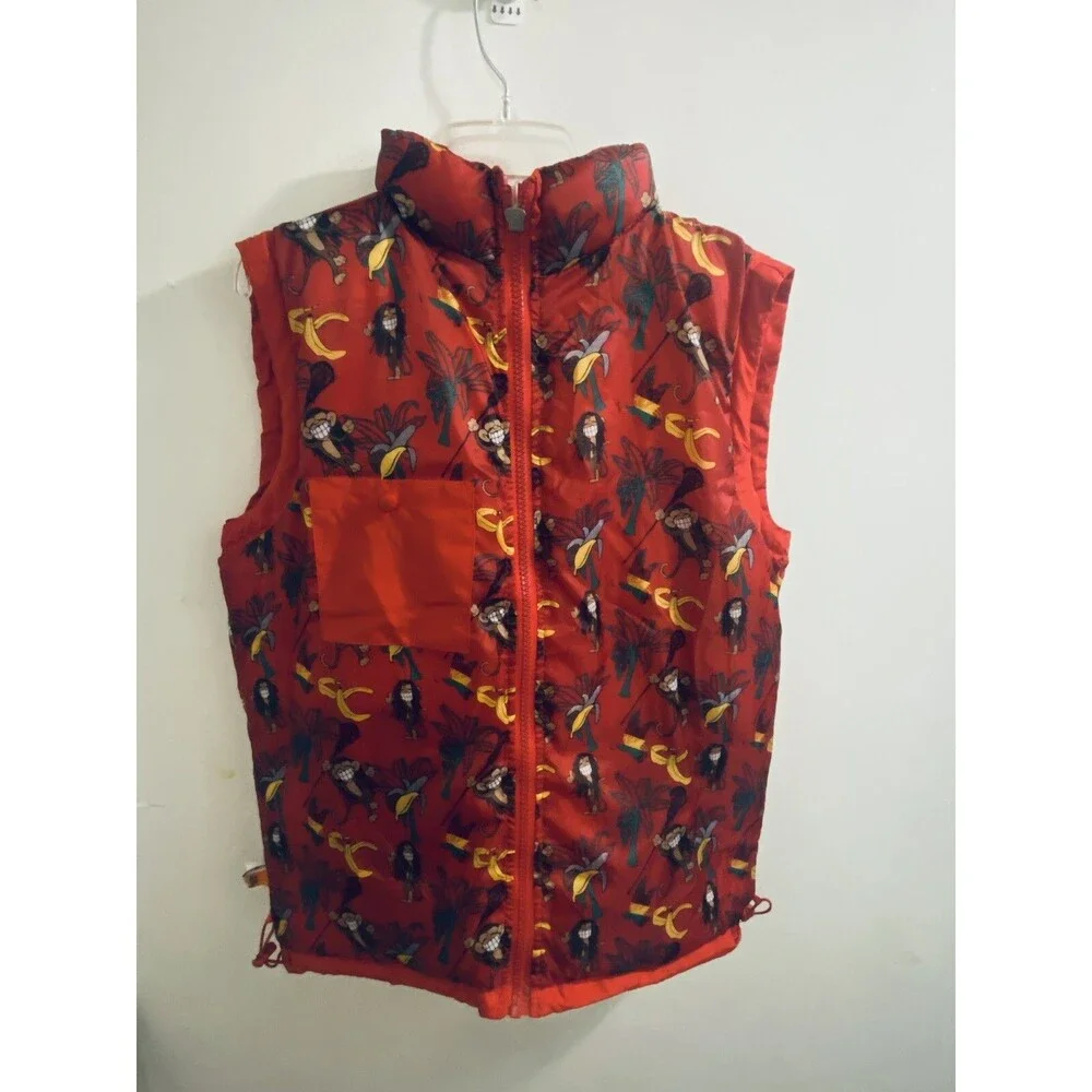 Flow Society Lacrosse Puffer Vest Boys Youth Size L Red Yellow Monkeys Graphics
